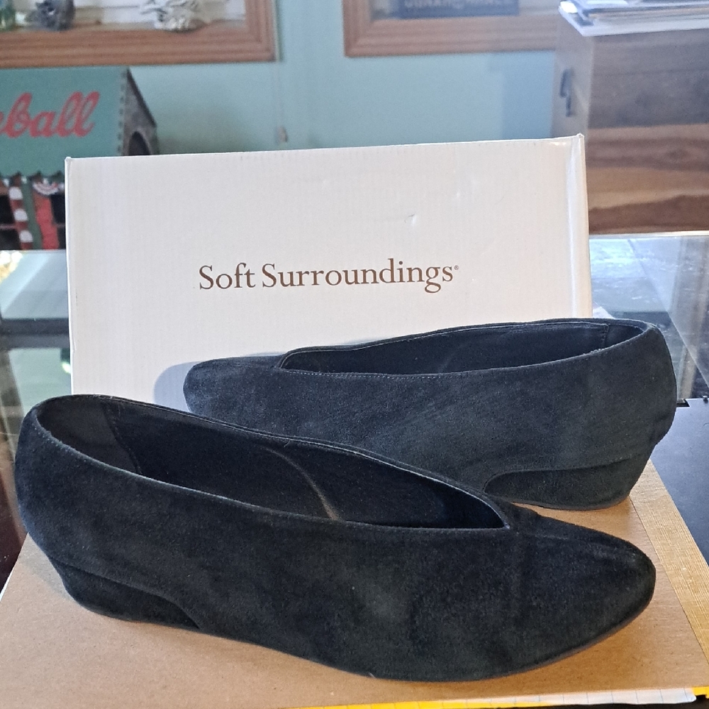 Soft Surroundings women's Fabrizia black suede wedge slip on shoe